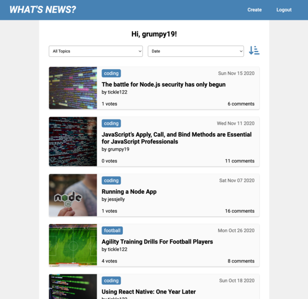 Image of list of articles on a 'What's News' website.